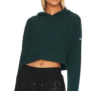Alo Yoga Muse Cropped Hoodie Ribbed Dark Green Oversized Sweatshirt